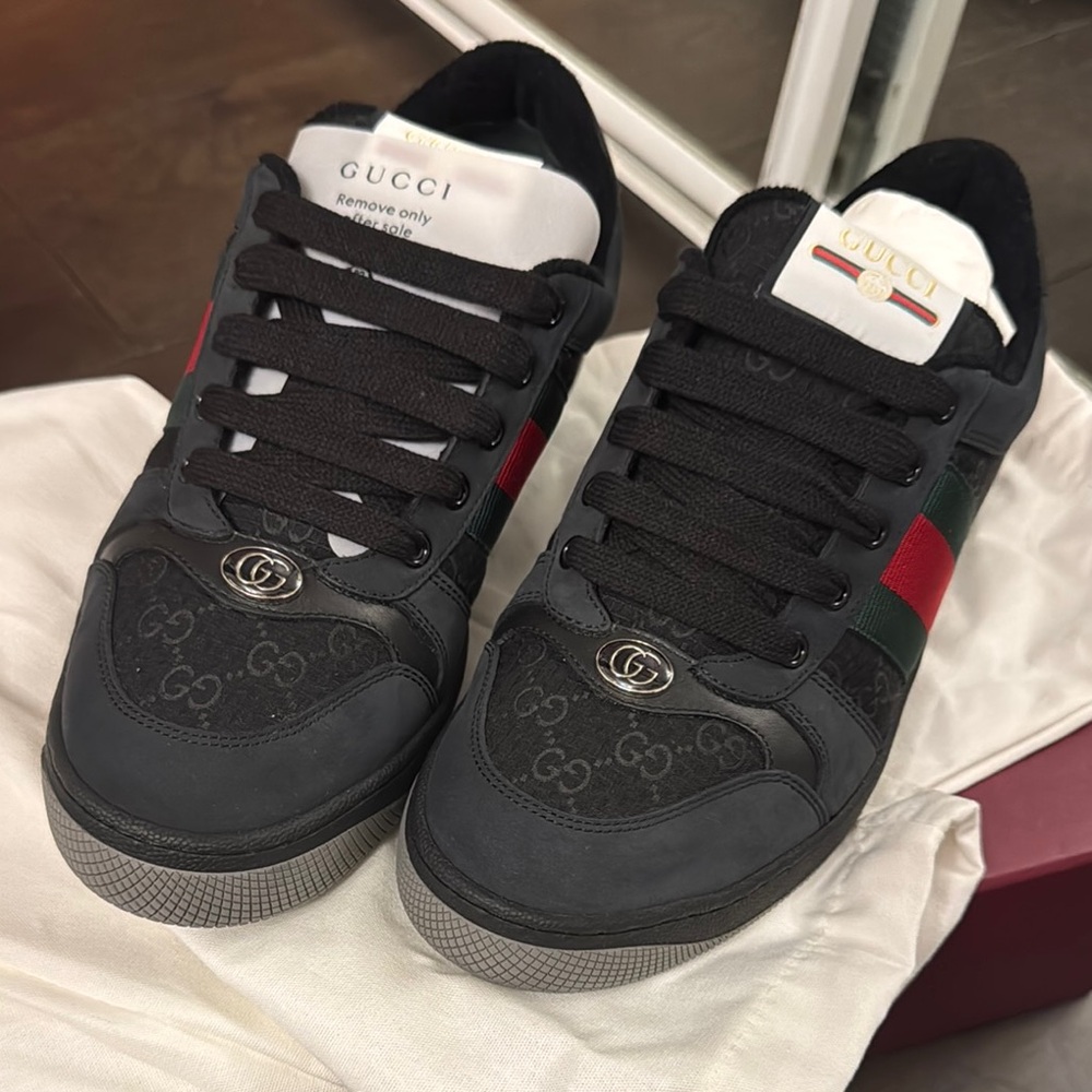 Gucci Black Leather & GG Canvas Sneakers with Red and Green Stripe